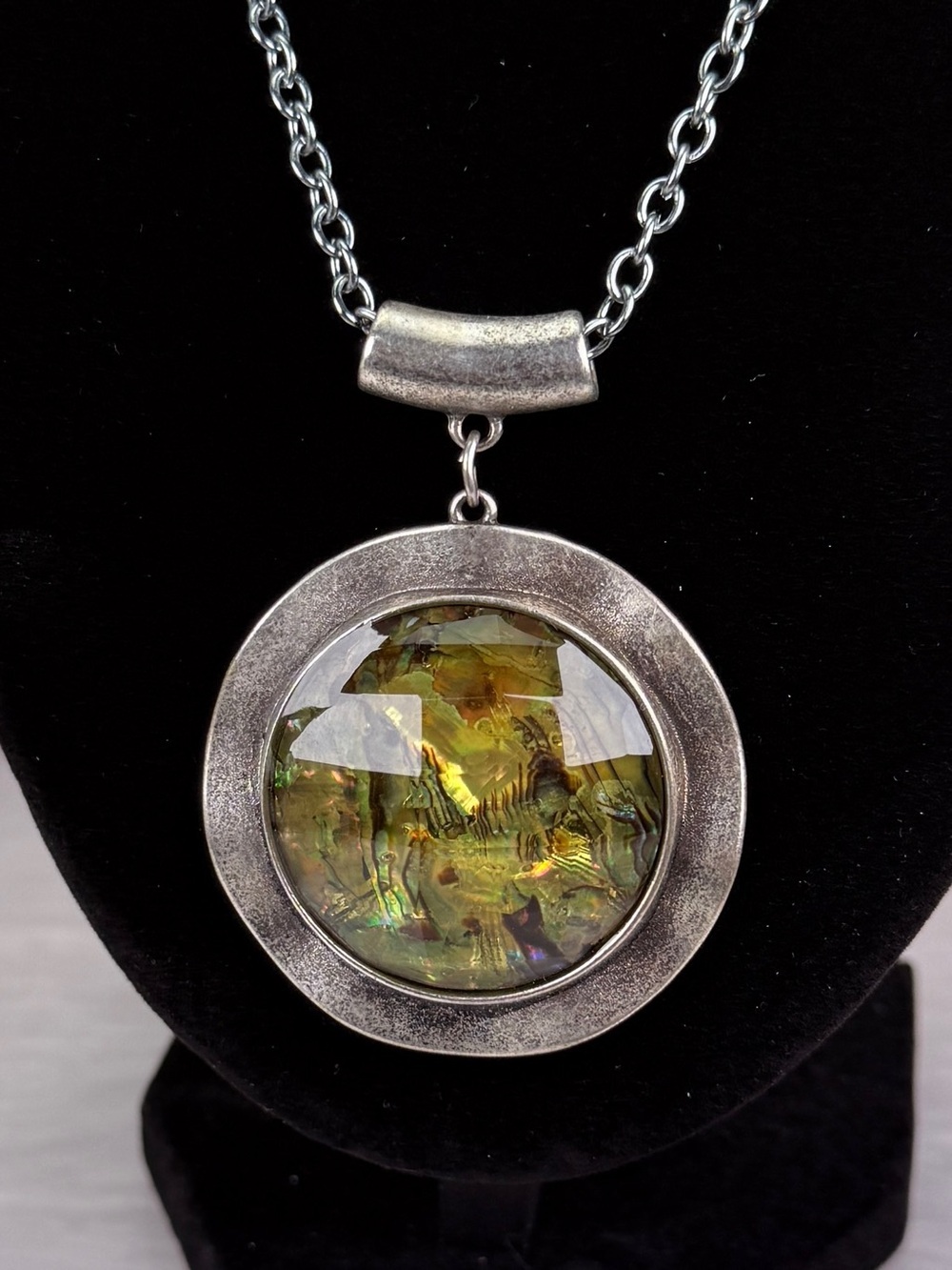 Iridescent Green Round Pendant Necklace Silver Tone Reversible Statement Piece